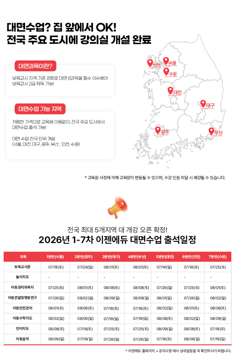 대면수업? 집앞에서 OK! 전국 주요 도시에 강의실 개설 완료 대면과목이란? 보육교사 자격 기준 강화로 대면 8과목을 필수 이수해야 보육교사 2급 취득 가능! 대면수업 가능 지역 저렴한 가격으로 교육원 이동없이, 전국 주요 도시에서 대면수업 출석 가능!  대면수업 가능지역 (서울, 대전, 대구, 광주, 부산, 인천, 수원) *교육원 사정에 의해 교육장이 변동될 수 있으며, 수강 인원 미달 시 폐강될 수 있습니다. 5개 지역 외 인천, 수원 신규오픈 확정!  2024년 2-4차 이젠에듀 대면과목 출석수업 일정  * 이젠에듀 홈페이지 > 공지사항에서 상세일정을 꼭 확인하시기 바랍니다. 