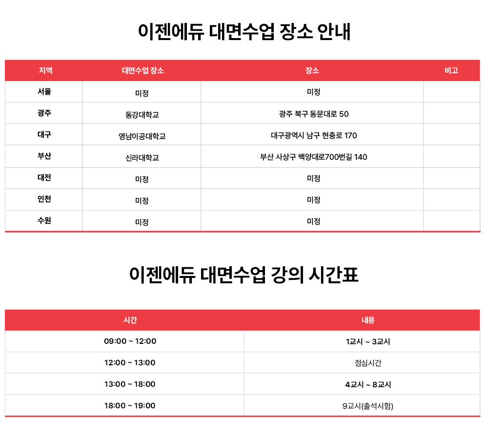 대면수업? 집앞에서 OK! 전국 주요 도시에 강의실 개설 완료 대면과목이란? 보육교사 자격 기준 강화로 대면 8과목을 필수 이수해야 보육교사 2급 취득 가능! 대면수업 가능 지역 저렴한 가격으로 교육원 이동없이, 전국 주요 도시에서 대면수업 출석 가능!  대면수업 가능지역 (서울, 대전, 대구, 광주, 부산, 인천, 수원) *교육원 사정에 의해 교육장이 변동될 수 있으며, 수강 인원 미달 시 폐강될 수 있습니다. 5개 지역 외 인천, 수원 신규오픈 확정!  2024년 2-4차 이젠에듀 대면과목 출석수업 일정  * 이젠에듀 홈페이지 > 공지사항에서 상세일정을 꼭 확인하시기 바랍니다. 