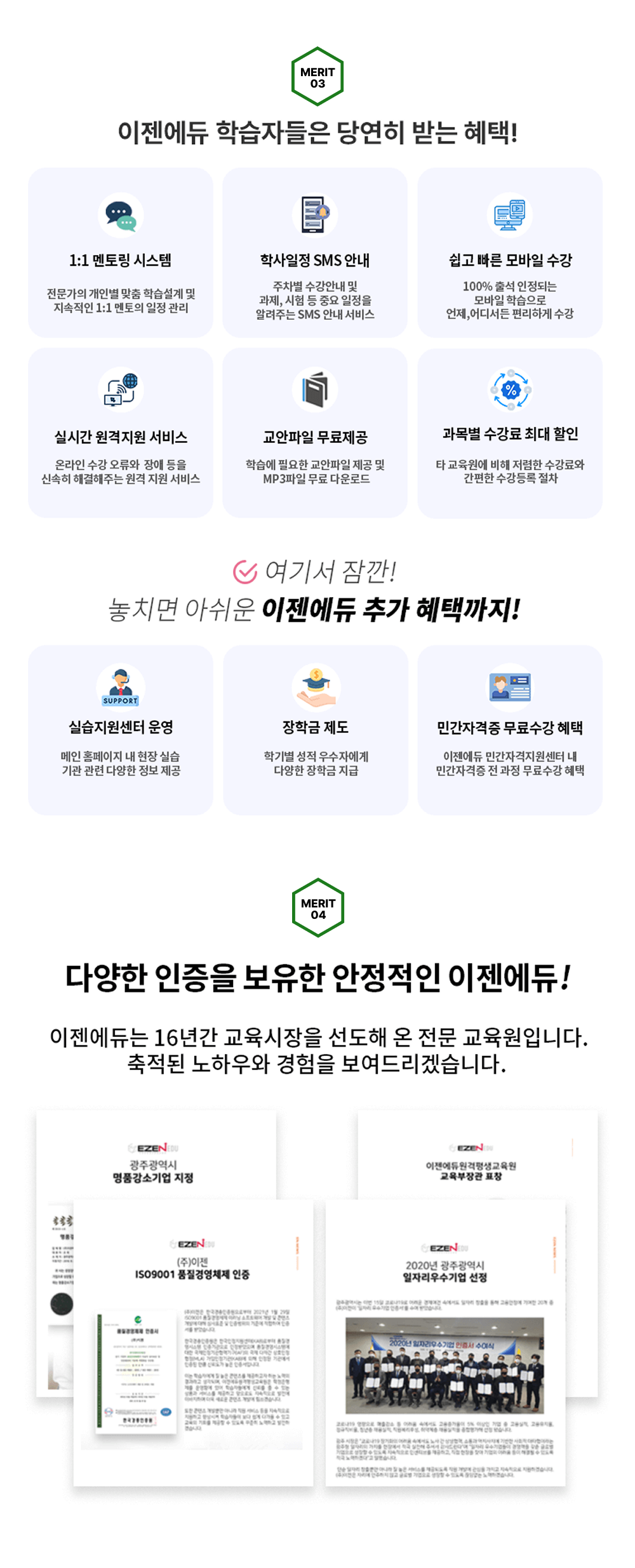 MERIT 03 이젠에듀 학습자들은 당연히 받는 혜택  1:1 멘토링 시스템 전문가의 개인별 맞춤 학습설계 및 지속적인 1:1 멘토의 일정 관리 학사일정 SMS 안내 주차별 수강안내 및 과제, 시험 등 중요 일정을 알려주는 SMS 안내 서비스 쉽고 빠른 모바일 수강 100% 출석 인정되는 모바일 학습으로 언제,어디서든 편리하게 수강 실시간 원격지원 서비스 온라인 수강 오류와  장애 등을 신속히 해결해주는 원격 지원 서비스 교안파일 무료제공 학습에 필요한 교안파일 제공 및 MP3파일 무료 다운로드 과목별 수강료 최대 할인 타 교육원에 비해 저렴한 수강료와 간편한 수강등록 절차 여기서 잠깐 놓치면 아쉬운 이젠에듀 추가 혜택까지! 실습지원센터 운영 메인 홈페이지 내 현장 실습 기관 관련 다양한 정보 제공 장학금 제도 학기별 성적우수자에게 장학금 지급 민간자격증 무료 수강 혜택 이젠에듀 민간자격지원센터 내 민간자격증 전 과정 무료수강 혜택 MERIT04 다양한 인증을 보유한 안정적인 이젠에듀! 이젠에듀는 16년간 교육시장을 선도해 온 전문 교육원입니다. 축적된 노하우와 경험을 보여드리겠습니다.광주광역시 명품강소기업 지정, (주)이젠 ISO9001 품질경영체제 인증, 이젠에듀원격평생교육원 교육부장관 표창, 2020년 광주광역시 일자리우수기업 선정