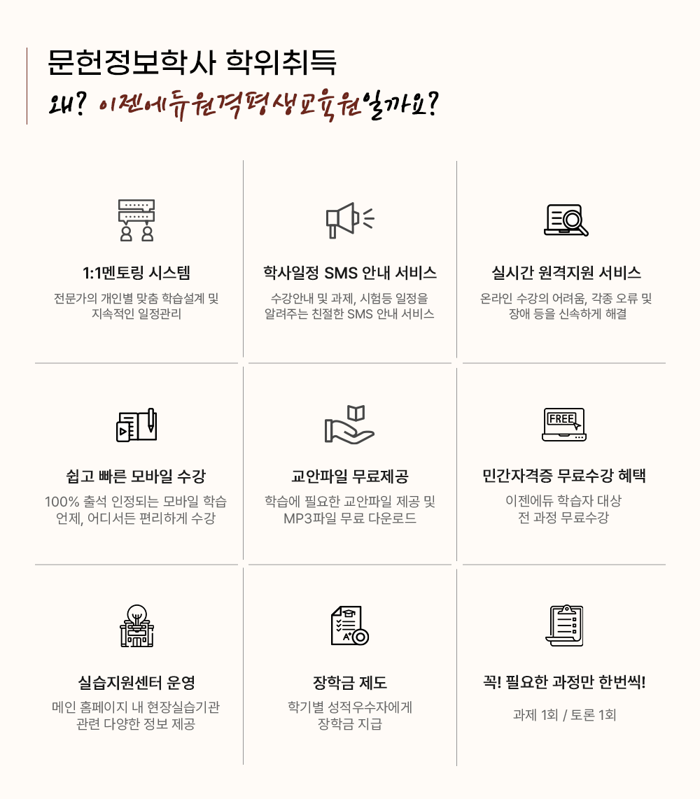 이젠에듀원격평생교육원 학습자만의 특별한 혜택! 1:1멘토링 시스템 전문가의 개인별 맞춤 학습설계 및 지속적인 일정관리 학사일정 SMS 안내 서비스 수강안내 및 과제, 시험등 일정을 알려주는 친절한 SMS 안내 서비스 실시간 원격지원 서비스 온라인 수강의 어려움, 각종 오류 및 장애 등을 신속하게 해결 쉽고 빠른 모바일 수강 100% 출석 인정되는 모바일 학습 언제, 어디서든 편리하게 수강 교안파일 무료제공 학습에 필요한 교안파일 제공 및 MP3파일 무료 다운로드 민간자격증 무료수강 혜택 이젠에듀 학습자 대상 전 과정 무료수강 실습지원센터 운영 메인 홈페이지 내 현장실습기관 관련 다양한 정보 제공 장학금 제도 학기별 성적우수자에게 장학금 지급 꼭 필요한 과정만 한번씩! 과제 1회 / 토론 1회