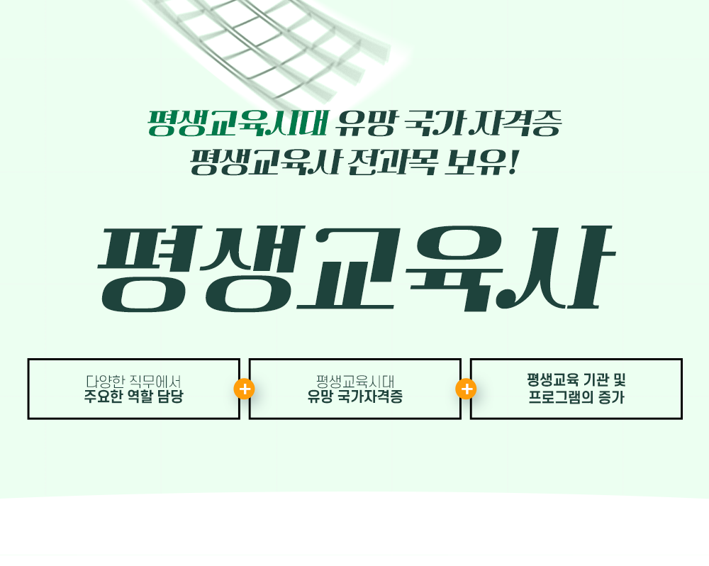 평생교육시대 유망 국가 자격증 평생교육사 전과목 보유! 평생교육사 다양한 직무에서 주요한 역할 담당 + 평생교육시대 유망 국가자격증 + 평생교육 기관 및 프로그램의 증가