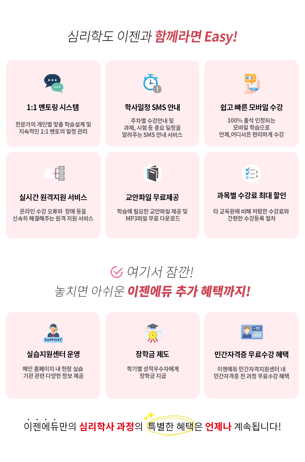 심리학도 이젠과 함께라면 Easy! 1:1 멘토링 시스템 전문가의 개인별 맞춤 학습설계 및 지속적인 1:1 멘토의 일정 관리 / 학사일정 SMS 안내 주차별 수강안내 및 과제, 시험 등 중요 일정을 알려주는 SMS 안내 서비스 / 쉽고 빠른 모바일 수강 100% 출석 인정되는 모바일 학습으로 언제,어디서든 편리하게 수강 / 실시간 원격지원 서비스 온라인 수강 오류와  장애 등을 신속히 해결해주는 원격 지원 서비스 / 교안파일 무료제공 학습에 필요한 교안파일 제공 및 MP3파일 무료 다운로드 / 과목별 수강료 최대 할인 타 교육원에 비해 저렴한 수강료와 간편한 수강등록 절차 여기서 잠깐! 놓치면 아쉬운 이젠에듀 추가 혜택까지! 실습지원센터 운영 메인 홈페이지 내 현장 실습 기관 관련 다양한 정보 제공 / 장학금 제도 학기별 성적우수자에게 장학금 지급 / 민간자격증 무료 수강 혜택 이젠에듀 민간자격지원센터 내 민간자격증 전 과정 무료수강 혜택 이젠에듀만의 심리학사 특별한 혜택은 언제나 계속 됩니다!