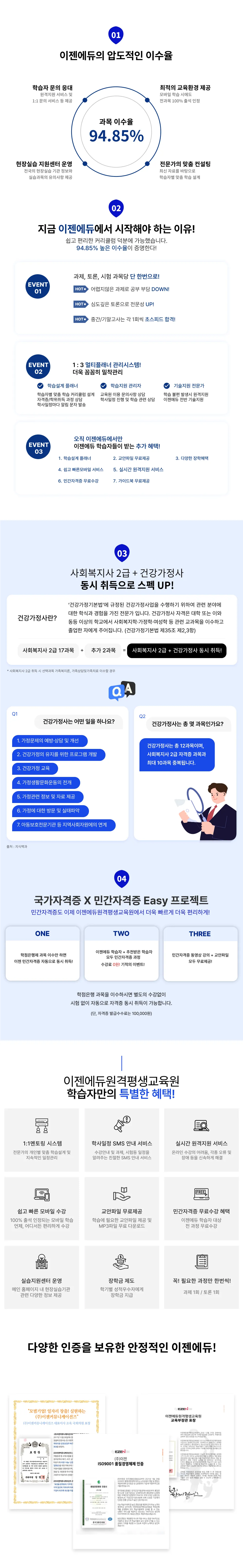 1 이젠에듀의 압도적인 이수율, 94.85%의 과목 이수율. 학습자 문의 응대, 원격지원 서비스 및 1대1 문의 서비스 등 제공. 최적의 교육환경 제공, 모바일 학습 시에도 전과목 100% 출석 인정. 현장 실습 지원 센터 운영, 전국의 현장실습 기관 정보와 실습과목의 유의사항 제공. 전문가의 맞춤 컨설팅, 최신 자료를 바탕으로 학습자별 맞춤 학습 설계. 2 지금 이젠에듀에서 시작해야 하는 이유! 쉽고 편리한 커리큘럼 덕분에 가능했습니다. 94.85% 높은 이수율이 증명한다! 이벤트 1, 과제, 토론, 시험 과목당 단 한번으로! 어렵지 않은 과제로 공부 부담 다운, 심도 깊은 토론으로 전문성 업! 중간/기말고사는 각 1회씩 초스피드 합격! 이벤트 2, 1대3 멀티플래너 관리시스템! 더욱 꼼꼼히 밀착 관리, 학습설계 플래너 학습자별 맞춤 학습 커리큘럼 설계 자격증/학위취득 과정 상담 학사일정마다 알림 문자 발송, 학습지원 관리자 교육원 이용 문의사항 상담 학사일정 진행 및 학습 관련 상담, 기술지원 전문가 학습 불편 발생시 원격지원 이젠에듀 전반 기술 지원. 이벤트 3, 오직 이젠에듀에서만 이젠에듀 학습자들이 받는 추가 혜택! 1. 학습설계 플래너 2. 교안파일 무료제공 3. 다양한 장학혜택 4. 쉽고 빠른모바일 서비스 5. 실시간 원격지원 서비스 6. 민간자격증 무료수강 7. 가이드북 무료제공. 3 사회복지사 2급 + 건강가정사 동시 취득으로 스펙 업! 건강가정사란? 건강가정기본법에 규정된 건강가정사업을 수행하기 위하여 관련 분야에 대한 학식과 경험을 가진 전문가 입니다. 건강가정사 자격은 대학 또는 이와 동등 이상의 학교에서 사회복지학, 가정학, 여성학 등 관련 교과목을 이수하고 졸업한 자에게 주어집니다. (건강가정기본법 제35조 제2,3항) 사회복지사 2급 17과목 + 추가 2과목 = 사회복지사 2급 + 건강가정사 동시 취득! *사회복지사 2급 취득 시 선택과목 가족복지론, 가족상담및가족치료 이수할 경우. Q&A 질문1, 건강가정사는 어떤 일을 하나요? 1. 가정문제의 예방, 상담 및 개선 2. 건강가정의 유지를 위한 프로그램 개발 3. 건강가정 교육 4. 가정생활문화운동의 전개 5. 가정관련 정보 및 자료 제공 6. 가정에 대한 방문 및 실태파악 7. 아동보호전문기관 등 지역사회자원에의 연계. 질문2, 건강가정사는 총 몇 과목인가요? 건강가정사는 총 12과목이며, 사회복지사 2급 자격증 과목과 최대 10과목 중복됩니다. 출처 지식백과. 4 국가자격증 X 민간자격증 이지 프로젝트, 민간자격증도 이제 이젠에듀원격평생교육원에서 더욱 빠르게 더욱 편리하게! one, 학점은행제 과목 이수만 하면 이젠 민간자격증 자동으로 동시 취득! two, 이벤에듀 학습자 + 추천받은 학습자 모두 민간자격증 과정 수강료 0원! 기적의 이벤트! three 민간자격증 동영상 강의 + 교안파일 모두 무료제공! 학점은행 과목을 이수하시면 별도의 수강없이 시험없이 자동으로 자격증 동시 취득이 가능합니다. (단, 자격증 발급수수료는 100,000원) 이젠에듀원격평생교육원 학습자만의 특별한 혜택! 1대1멘토링 시스템 전문가의 개인별 맞춤 학습설계 및 지속적인 일정관리. 학사일정 SMS 안내 서비스 수강안내 및 과제, 시험등 일정을 알려주는 친절한 SMS 안내 서비스. 실시간 원격지원 서비스 온라인 수강의 어려움, 각종 오류 및 장애 등을 신속하게 해결. 쉽고 빠른 모바일 수강 100% 출석 인정되는 모바일 학습 언제, 어디서든 편리하게 수강. 교안파일 무료제공 학습에 필요한 교안파일 제공 및 MP3파일 무료 다운로드. 민간자격증 무료수강 혜택 이젠에듀 학습자 대상 전 과정 무료수강. 실습지원센터 운영 메인 홈페이지 내 현장실습기관 관련 다양한 정보 제공. 장학금 제도 학기별 성적우수자에게 장학금 지급. 꼭! 필요한 과정만 한번씩! 과제 1회/토론 1회. 다양한 인증을 보유한 안정적인 이젠에듀! 모범기업! 일자리 창출! 실현하는 주 이젠커뮤니케이션즈, 주 이젠커뮤니케이션즈 대표이사 조욱 국회의원 표창. 주 이젠 IS09001 품질 경영체제 인증. 이젠에듀원격평생교육원 교육부장관 표창.